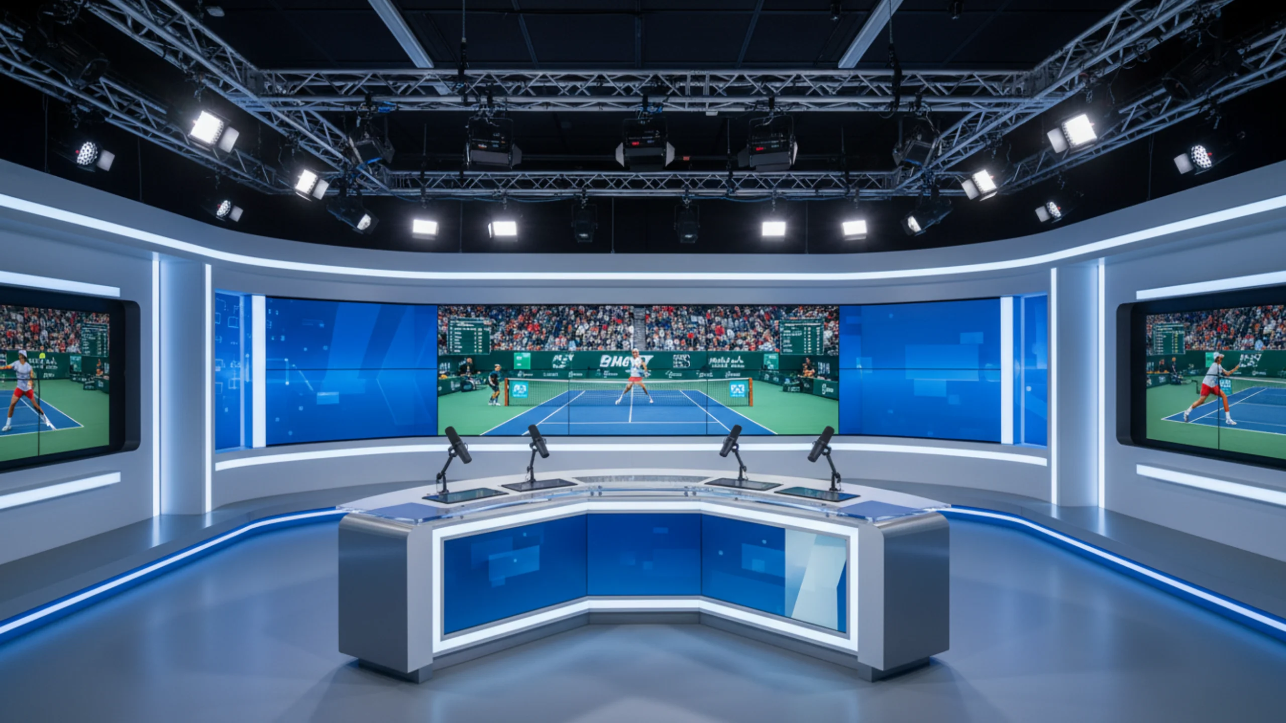 Televizní přenos tenisu Televizní studio s profesionálním tenisovým přenosem