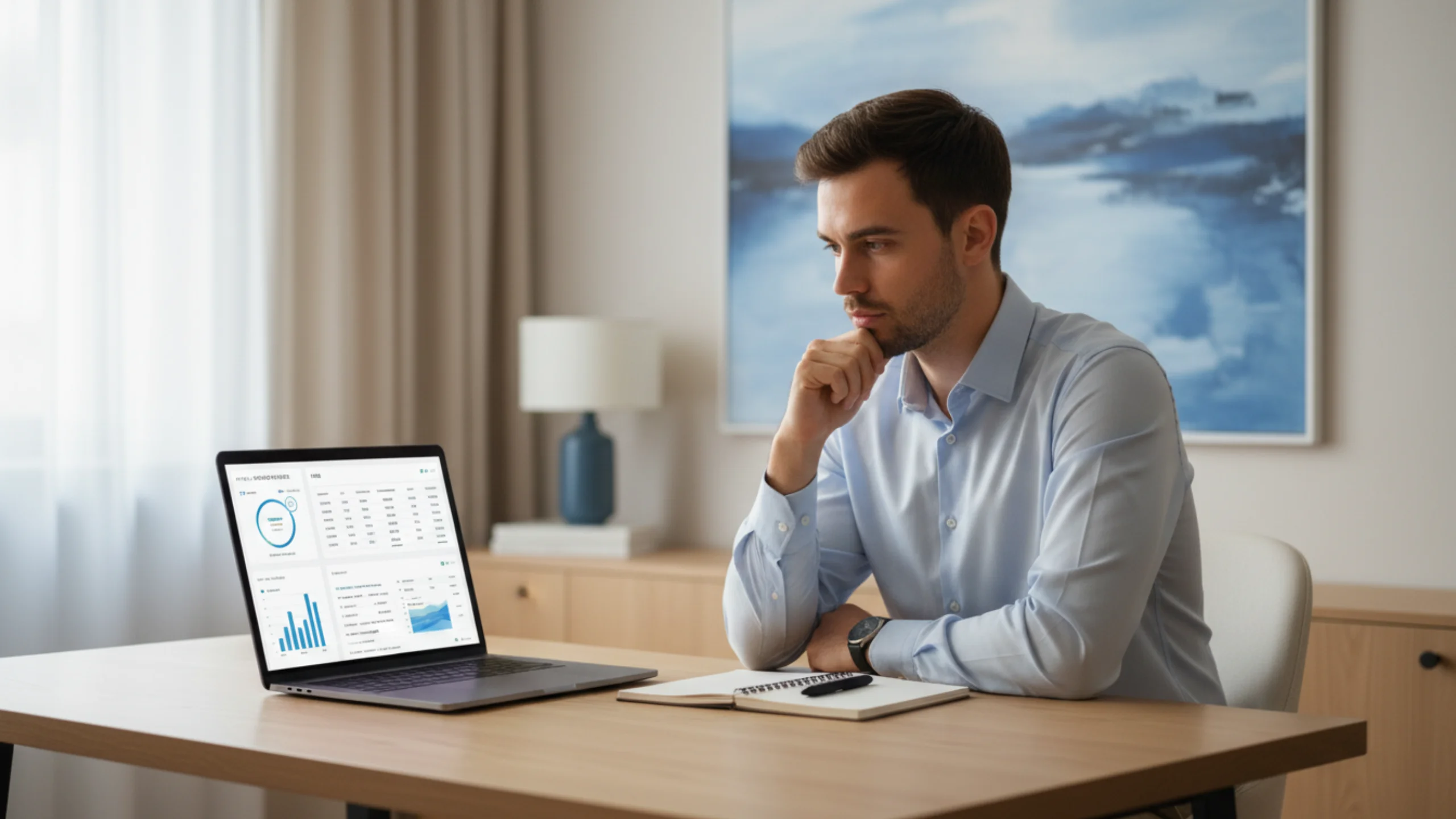 Analytik studující tenisové kurzy a statistiky na notebooku